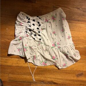 For Love And Lemons Cream Mini Skirt with Pink Rose Print and Black Dot Accents
